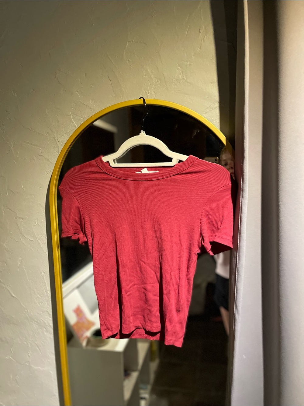 Pink Rose Ribbed Short Sleeve Tee in Deep Red